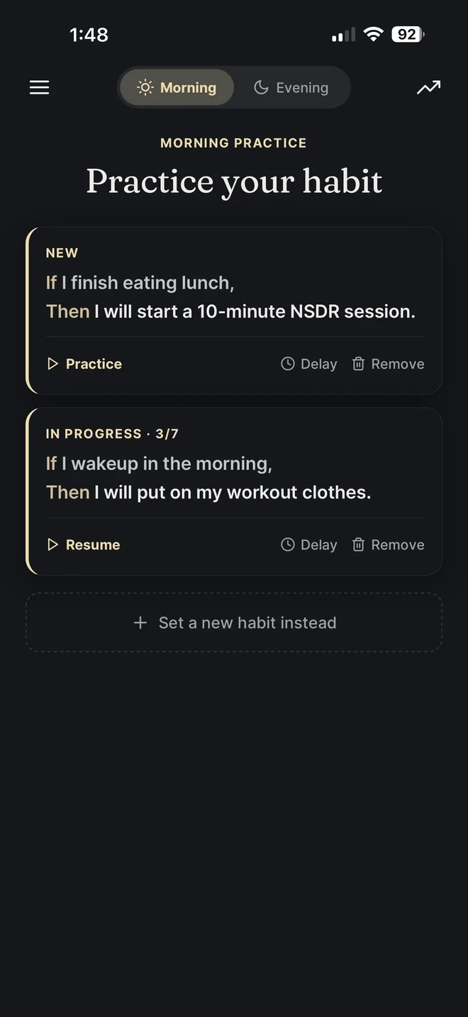 If/Then Habits practice list showing a new habit and one already in progress